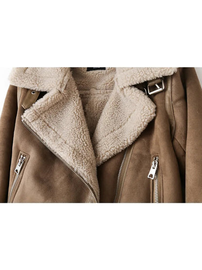 Lea - Chique Winter Lapel Kraag Fleece Gevoerde Bikerjas met Rits voor Vrouwen