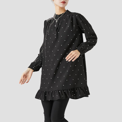 Gabrielle Tuniek | Lange zwart-witte polka-dot blouse met ronde hals en lange mouwen voor dames