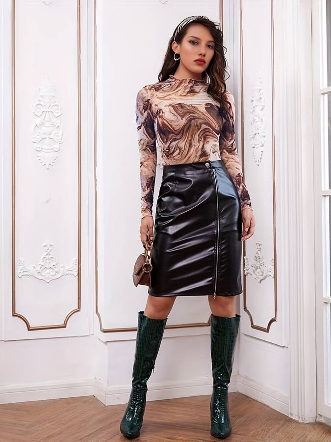 Lange mouwen mesh top met marmer print