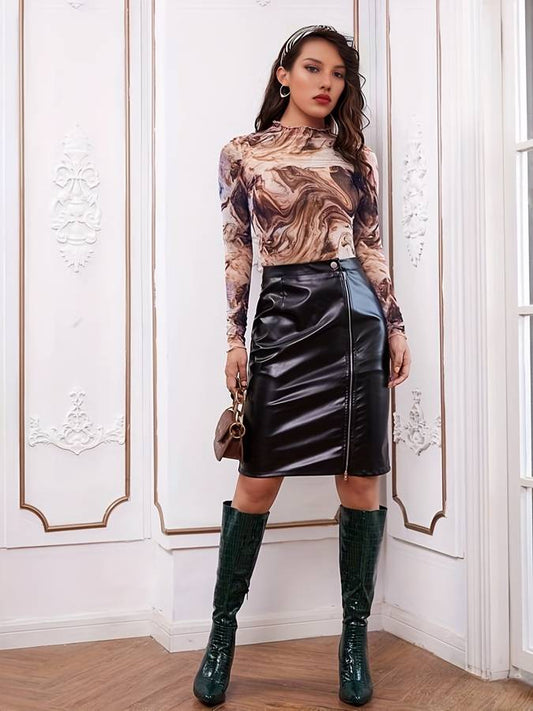 Lange mouwen mesh top met marmer print