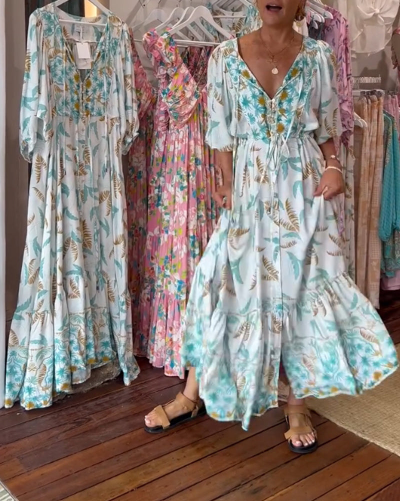 Amita - Maxi-jurk voor dames met een bladprint en een elegante V-hals