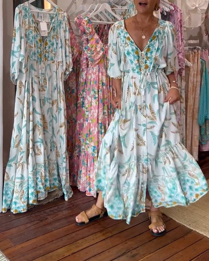 Amita - Maxi-jurk voor dames met een bladprint en een elegante V-hals