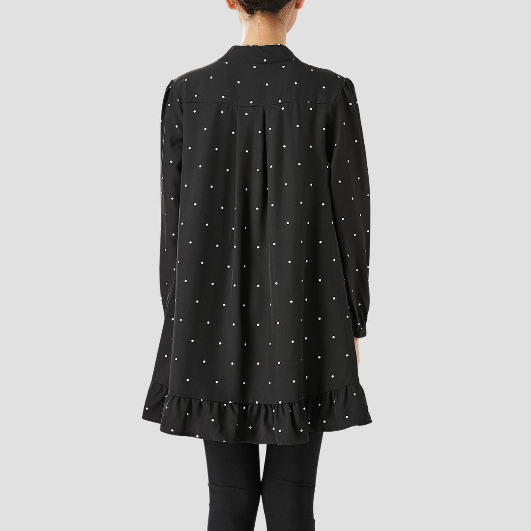 Gabrielle Tuniek | Lange zwart-witte polka-dot blouse met ronde hals en lange mouwen voor dames