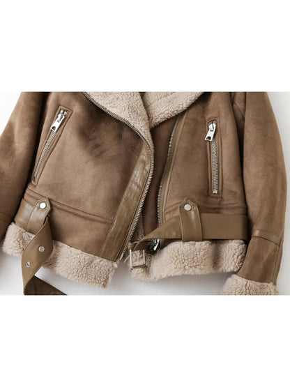 Lea - Chique Winter Lapel Kraag Fleece Gevoerde Bikerjas met Rits voor Vrouwen