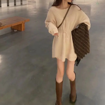 Uniekjur - Oversized Gebreide Jurk met Losse Pasvorm en Brede Halslijn, Gebreide Dames Jurks