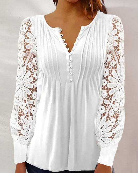 Claudia - Elegante V-hals top met lange mouwen en kant - perfect voor elk seizoen