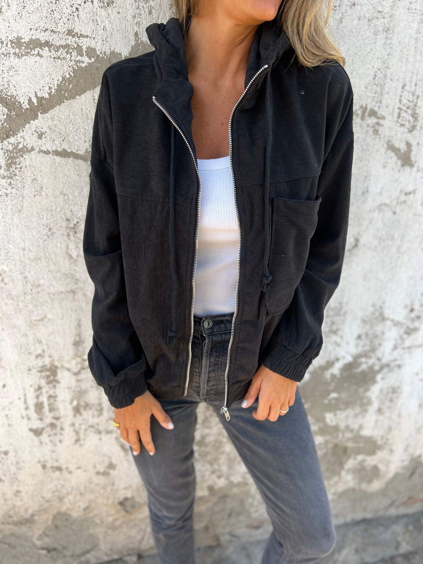 Kyra - Casual Herfst Corduroy Jas met Trekkoord en Capuchon voor Vrouwen