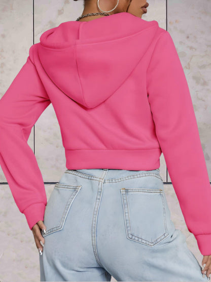 Emeri - comfortabele stijlvolle effen crop top trui met verstelbare knoop en capuchon