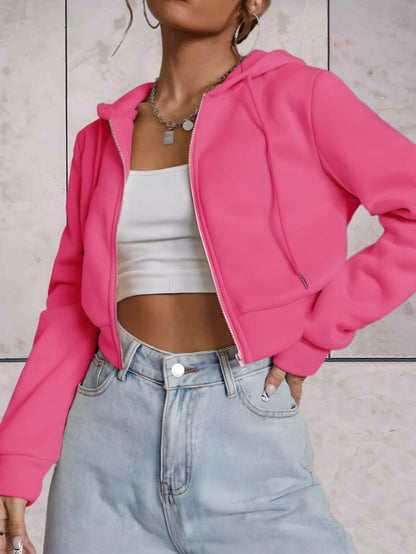 Emeri - comfortabele stijlvolle effen crop top trui met verstelbare knoop en capuchon