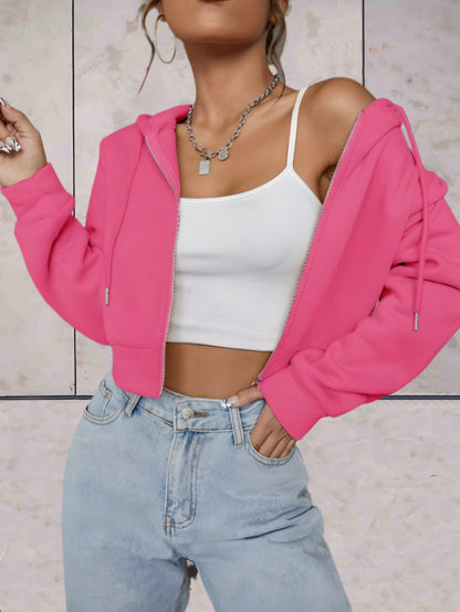 Emeri - comfortabele stijlvolle effen crop top trui met verstelbare knoop en capuchon