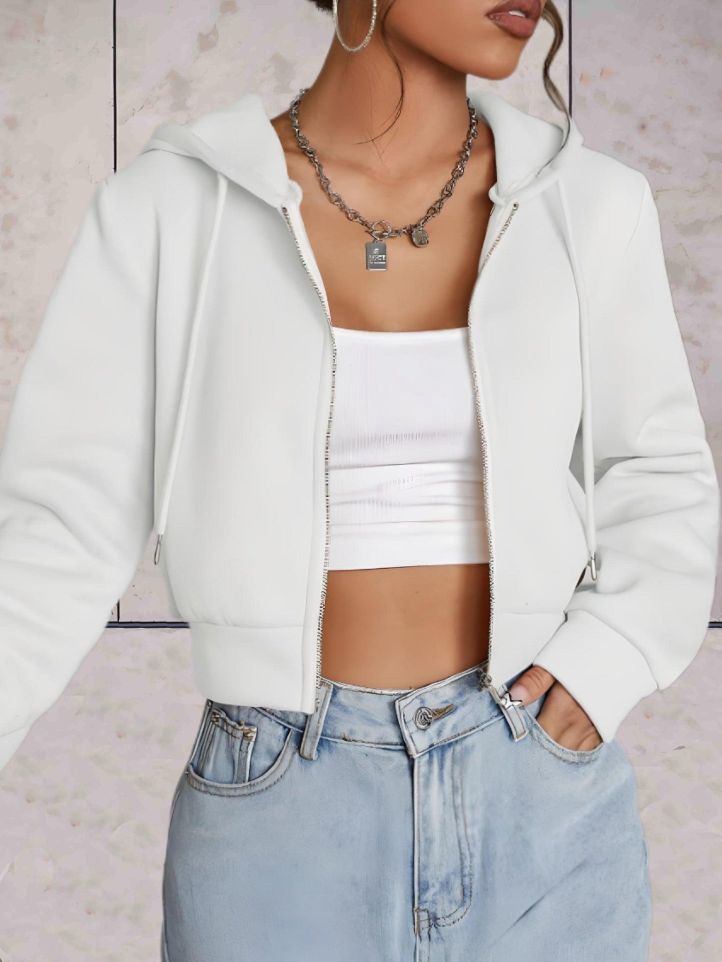 Emeri - comfortabele stijlvolle effen crop top trui met verstelbare knoop en capuchon