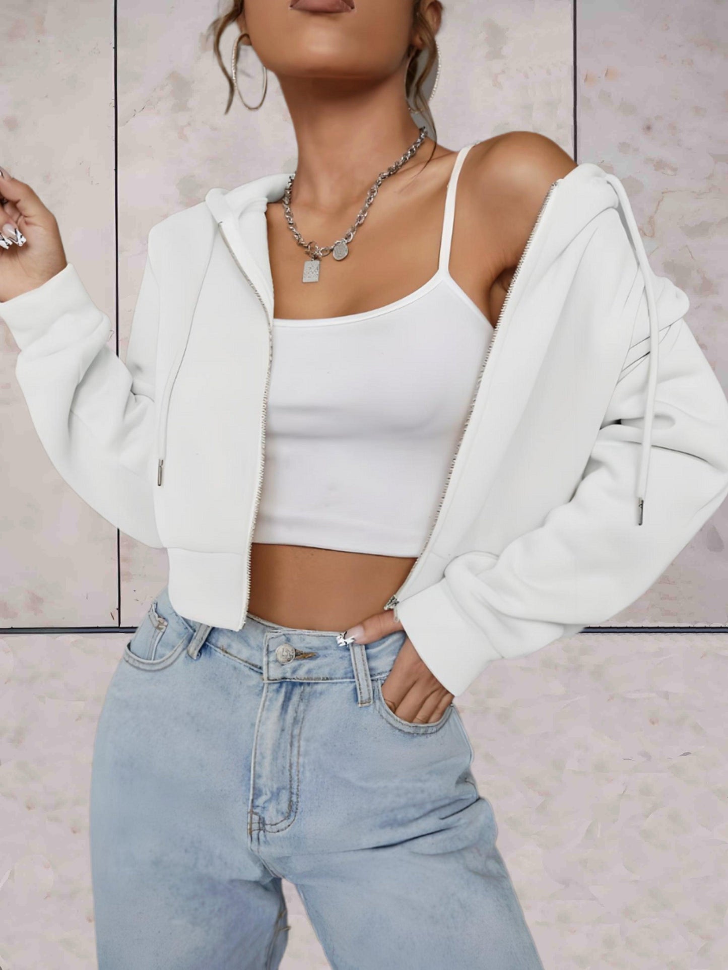 Emeri - comfortabele stijlvolle effen crop top trui met verstelbare knoop en capuchon