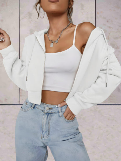 Emeri - comfortabele stijlvolle effen crop top trui met verstelbare knoop en capuchon