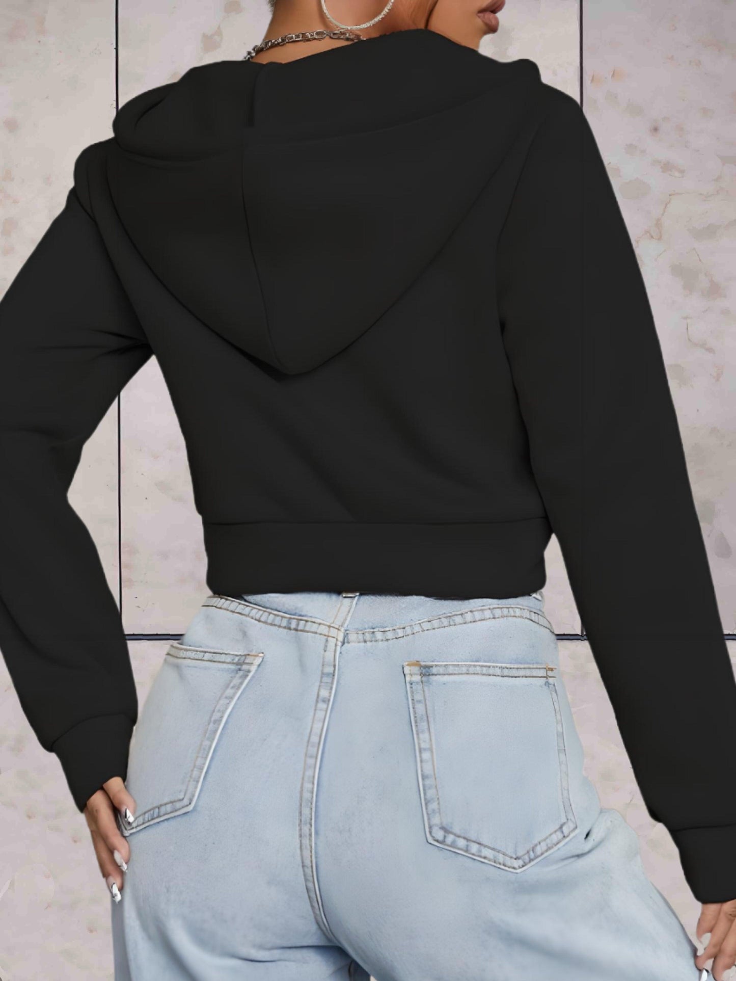 Emeri - comfortabele stijlvolle effen crop top trui met verstelbare knoop en capuchon