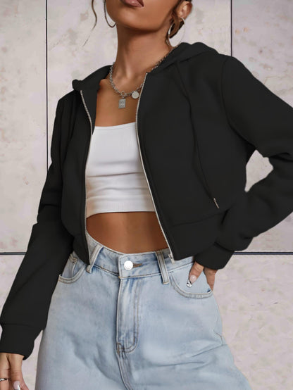 Emeri - comfortabele stijlvolle effen crop top trui met verstelbare knoop en capuchon