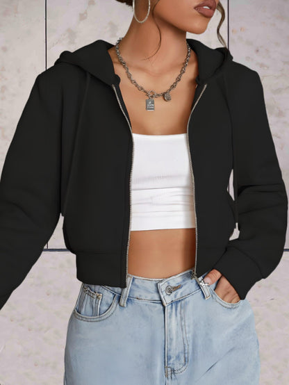 Emeri - comfortabele stijlvolle effen crop top trui met verstelbare knoop en capuchon