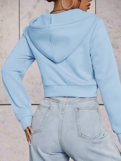 Emeri - comfortabele stijlvolle effen crop top trui met verstelbare knoop en capuchon