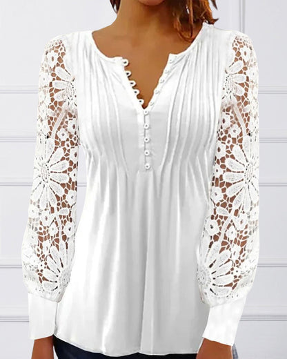 Claudia - Elegante V-hals top met lange mouwen en kant - perfect voor elk seizoen