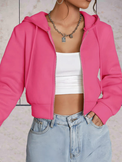 Emeri - comfortabele stijlvolle effen crop top trui met verstelbare knoop en capuchon