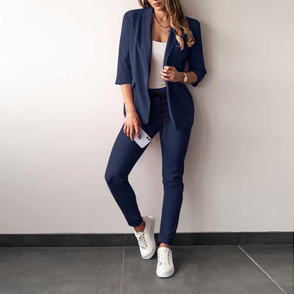 DUNO 2-delig Damespak | Elegant formeel stretch dames colbert met bijpassende broek