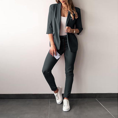 DUNO 2-delig Damespak | Elegant formeel stretch dames colbert met bijpassende broek