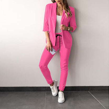DUNO 2-delig Damespak | Elegant formeel stretch dames colbert met bijpassende broek