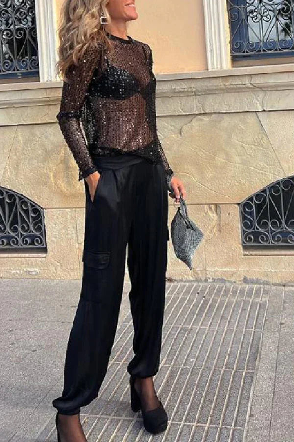 Lynne - Houd het glanzend pailletten lange mouwen shiftblouse