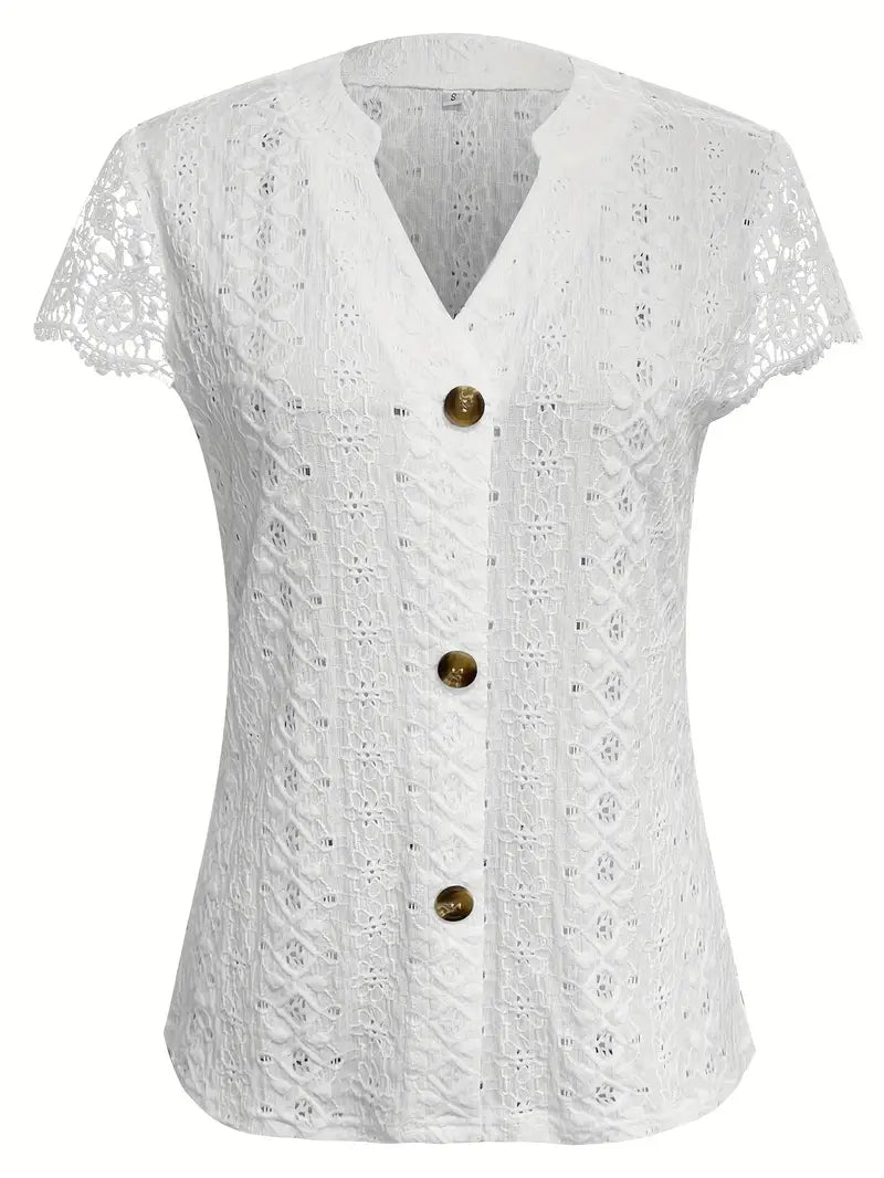 Keira | Geknoopte v-hals top met kanten mouw