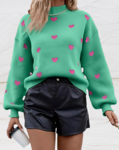 Maria | Oversized trui met ronde hals en hartjesprint