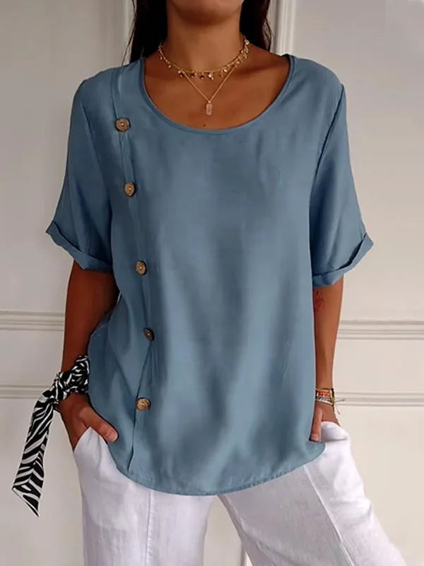 Verlene - Damesshirt met casual knoopsluiting in katoen- en linnenprint