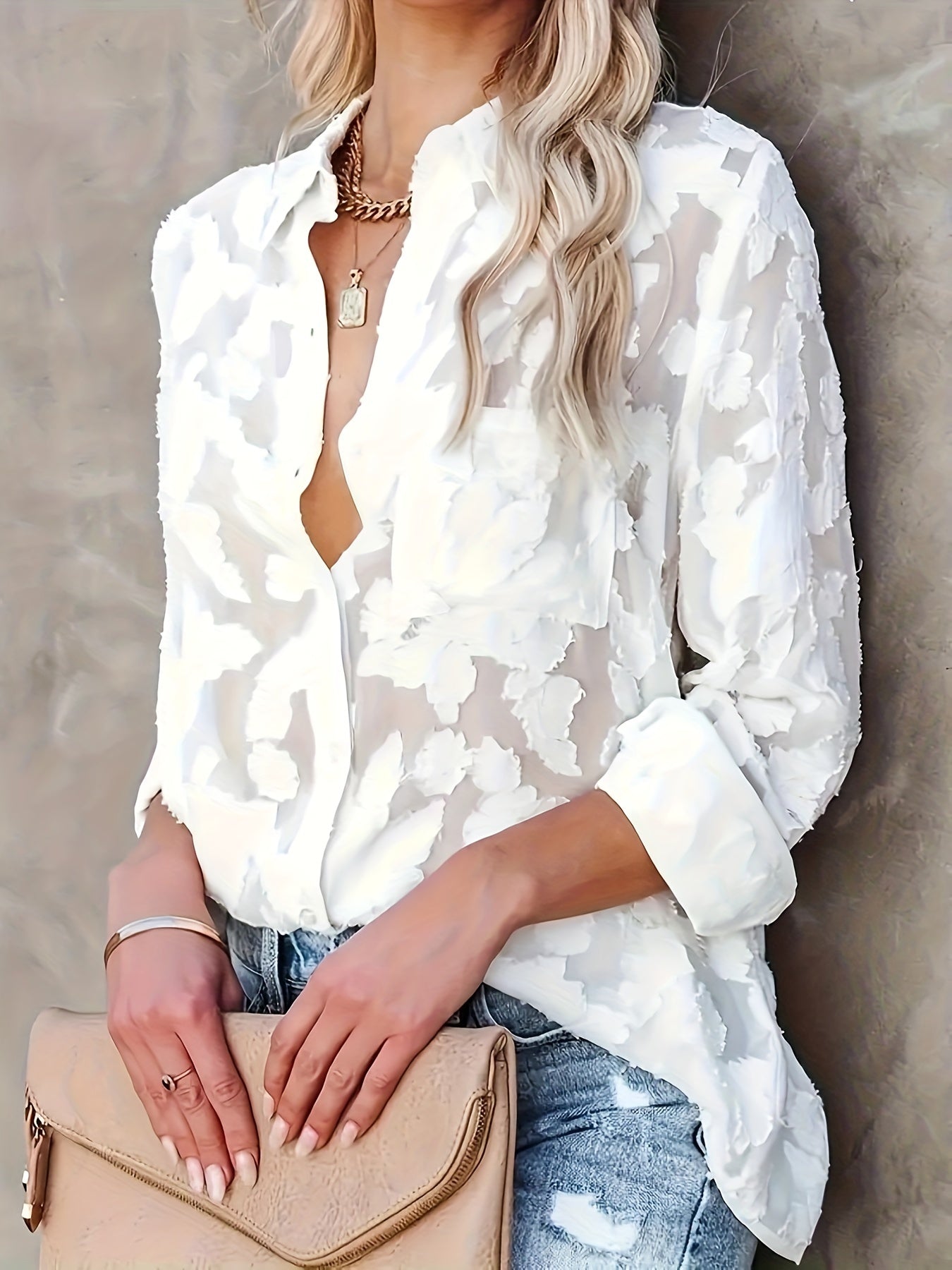 Sheer losse jacquard blouse met knoopsluiting - Leah