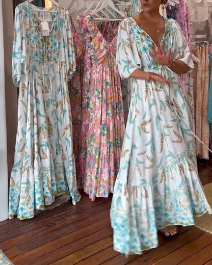 Amita - Maxi-jurk voor dames met een bladprint en een elegante V-hals