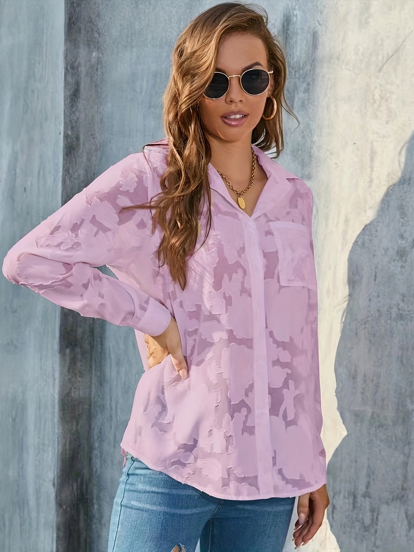 Sheer losse jacquard blouse met knoopsluiting - Leah