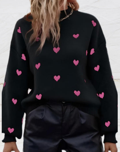 Maria | Oversized trui met ronde hals en hartjesprint