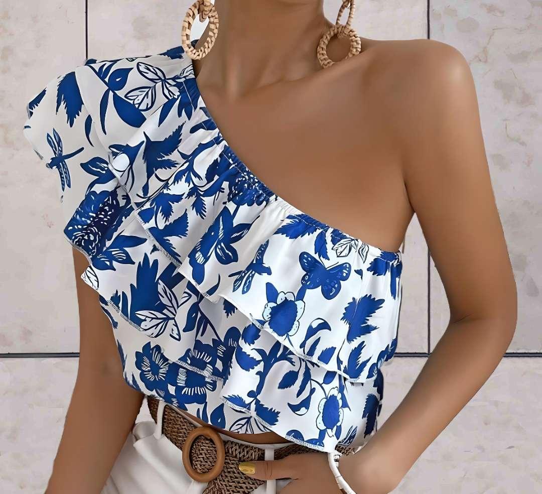 Aleida - stijlvolle eenzijdige mouw, stretchy bloementop met ruches in twee kleuren