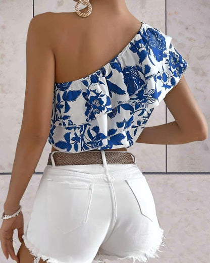 Aleida - stijlvolle eenzijdige mouw, stretchy bloementop met ruches in twee kleuren