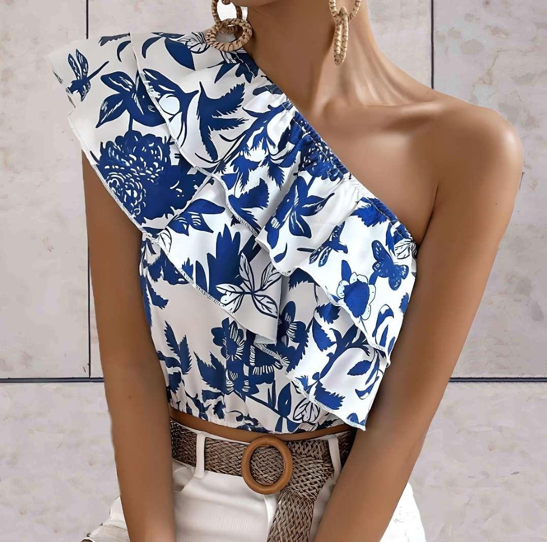 Aleida - stijlvolle eenzijdige mouw, stretchy bloementop met ruches in twee kleuren