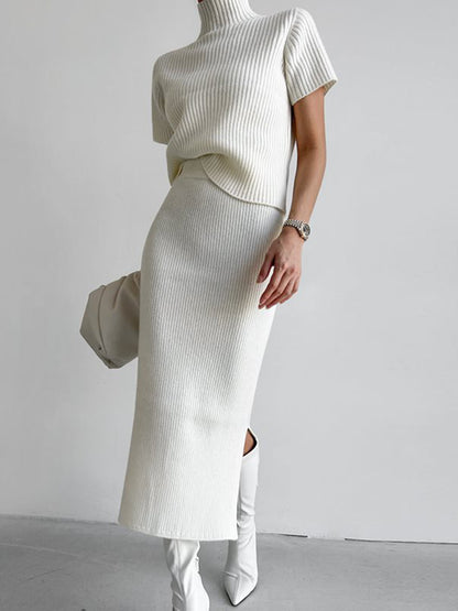 BEAUVOGUE - Effen hoge hals split geribbelde gebreide tweedelige rokset
