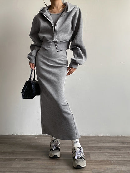 BEAUVOGUE - Effen lange mouwen rits crop hoodie