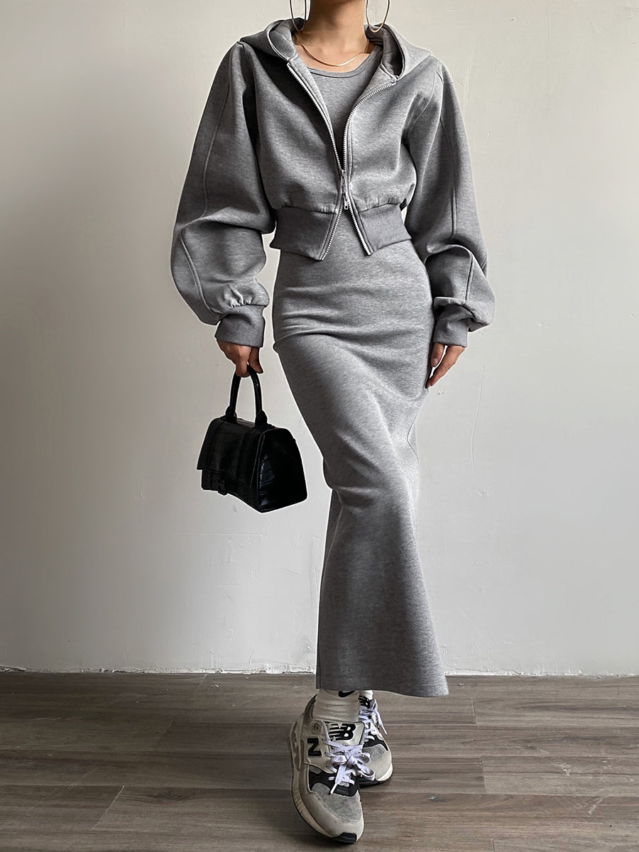 BEAUVOGUE - Effen lange mouwen rits crop hoodie