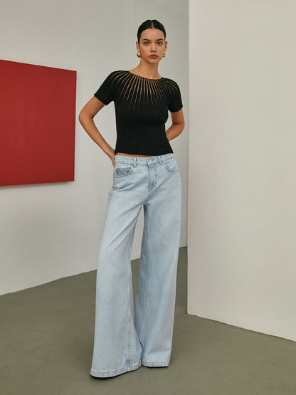 BEAUVOGUE - Effen gebreide top met korte mouwen