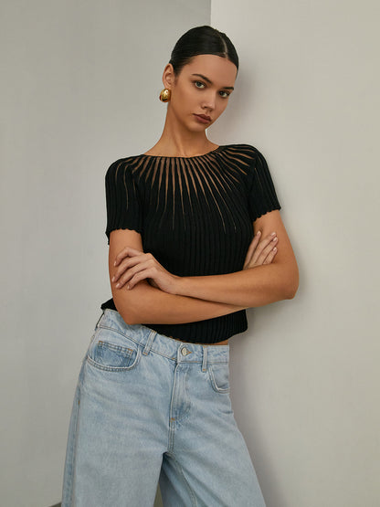 BEAUVOGUE - Effen gebreide top met korte mouwen