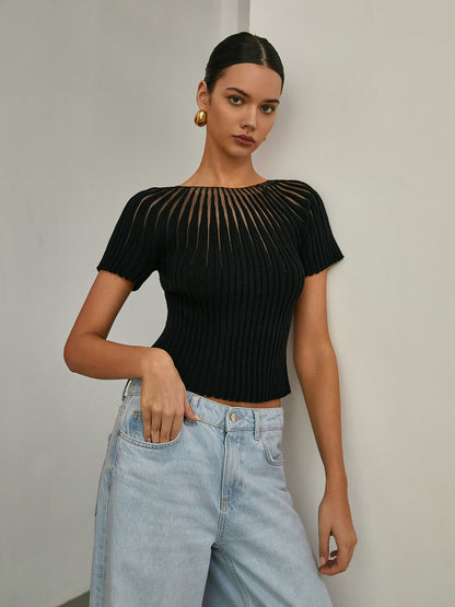 BEAUVOGUE - Effen gebreide top met korte mouwen