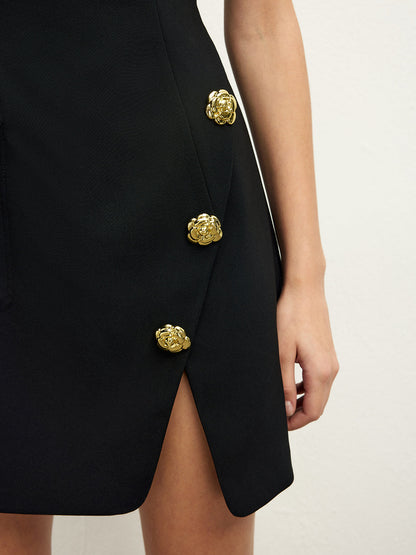 BEAUVOGUE - Gouden rozenjurk met knoopsluiting en split