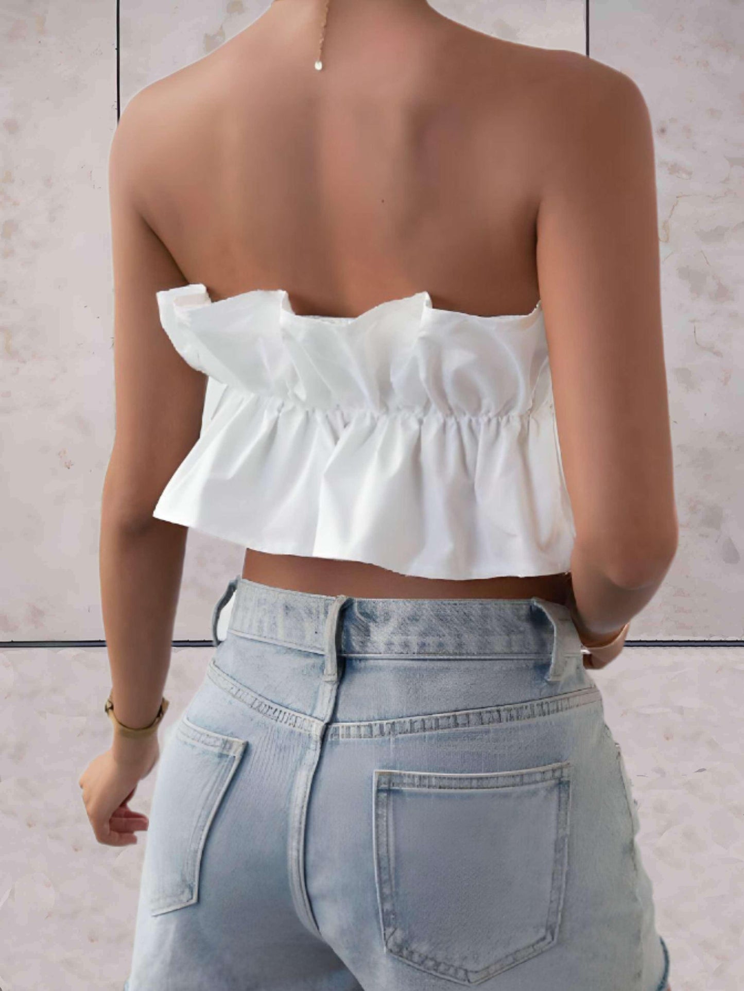 Abegail - Casual geribbelde met open schouders zomer top in zwart en wit