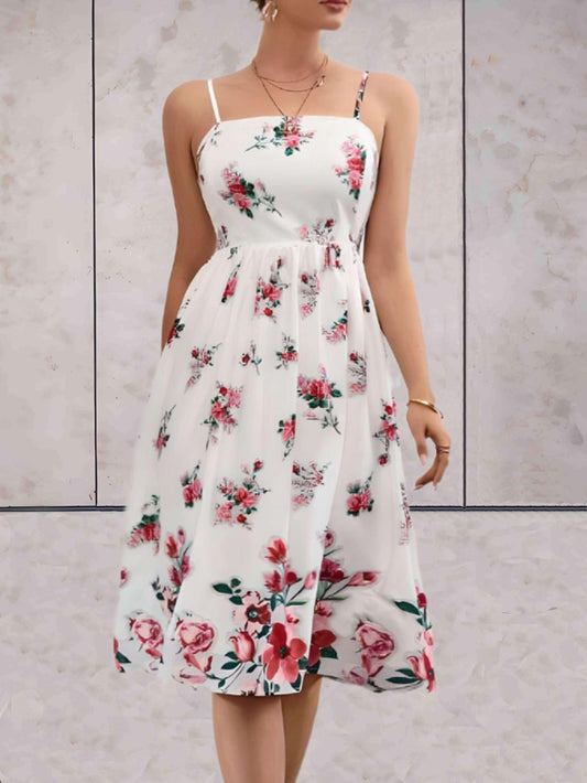 Alies - Wijde bloemen jurk met schouder straps in wit