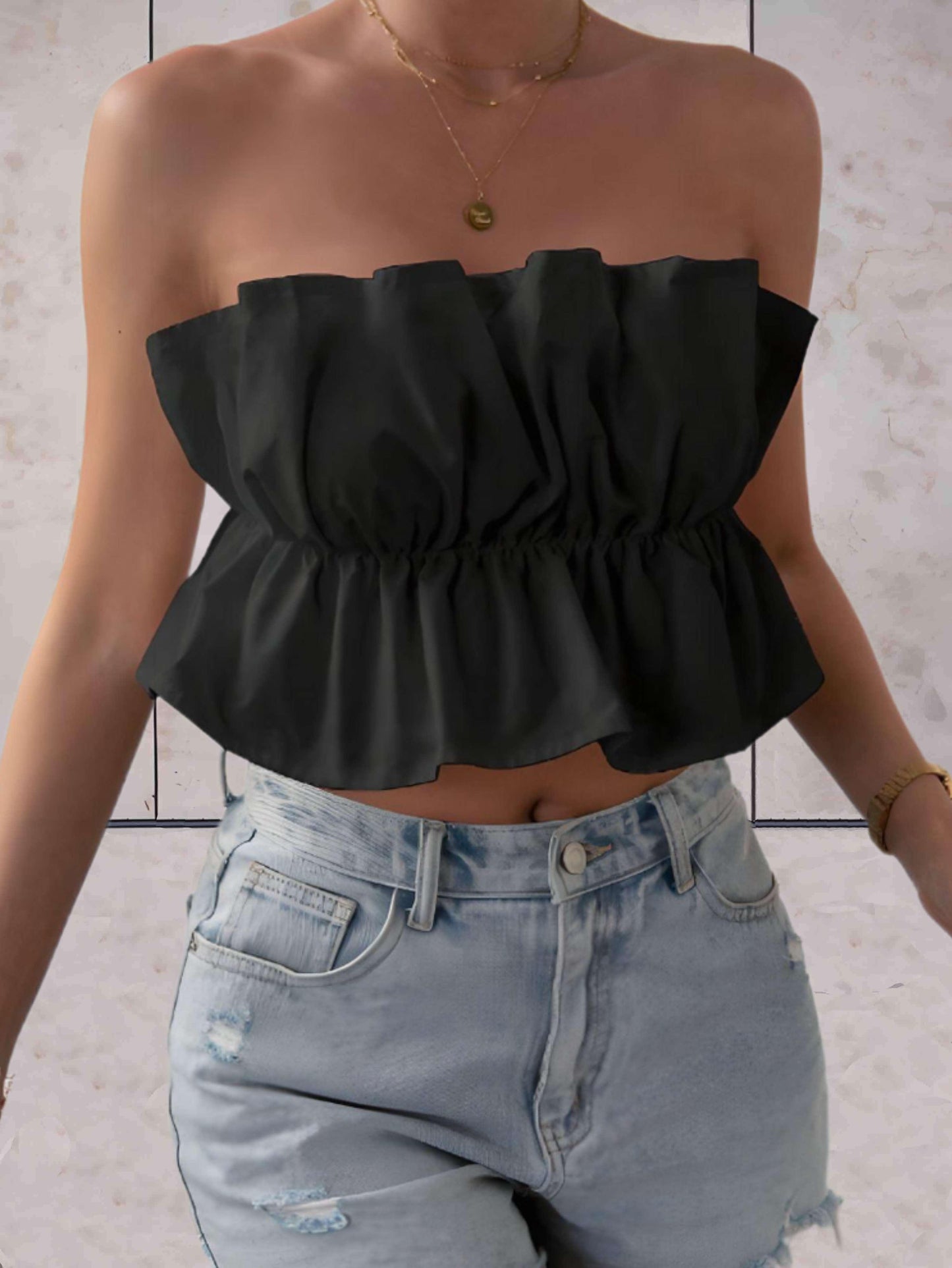 Abegail - Casual geribbelde met open schouders zomer top in zwart en wit