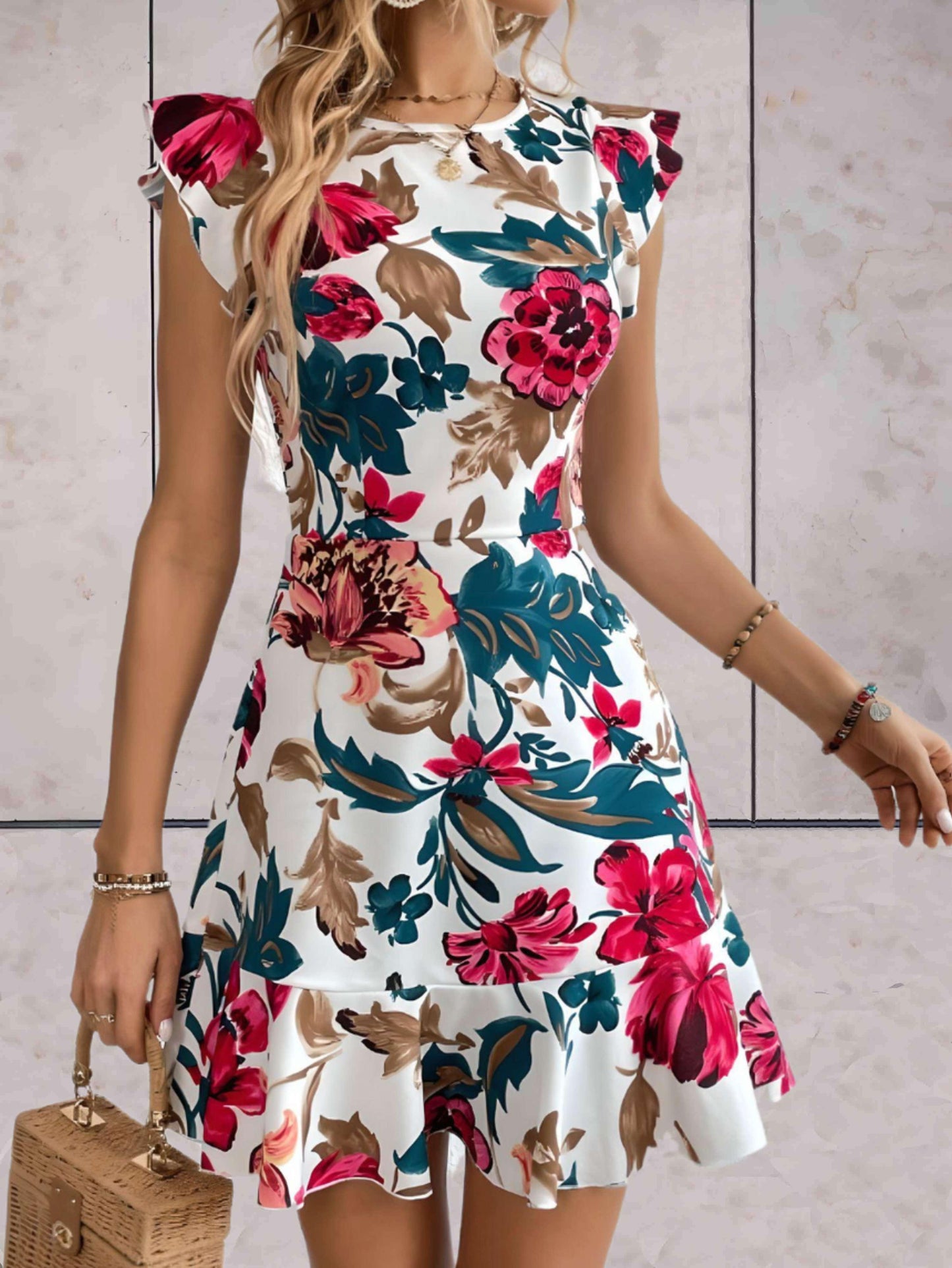 Ramona - stijlvolle gebloemde jurk met korte mouwen en ruches aan de mouwen en onderkant