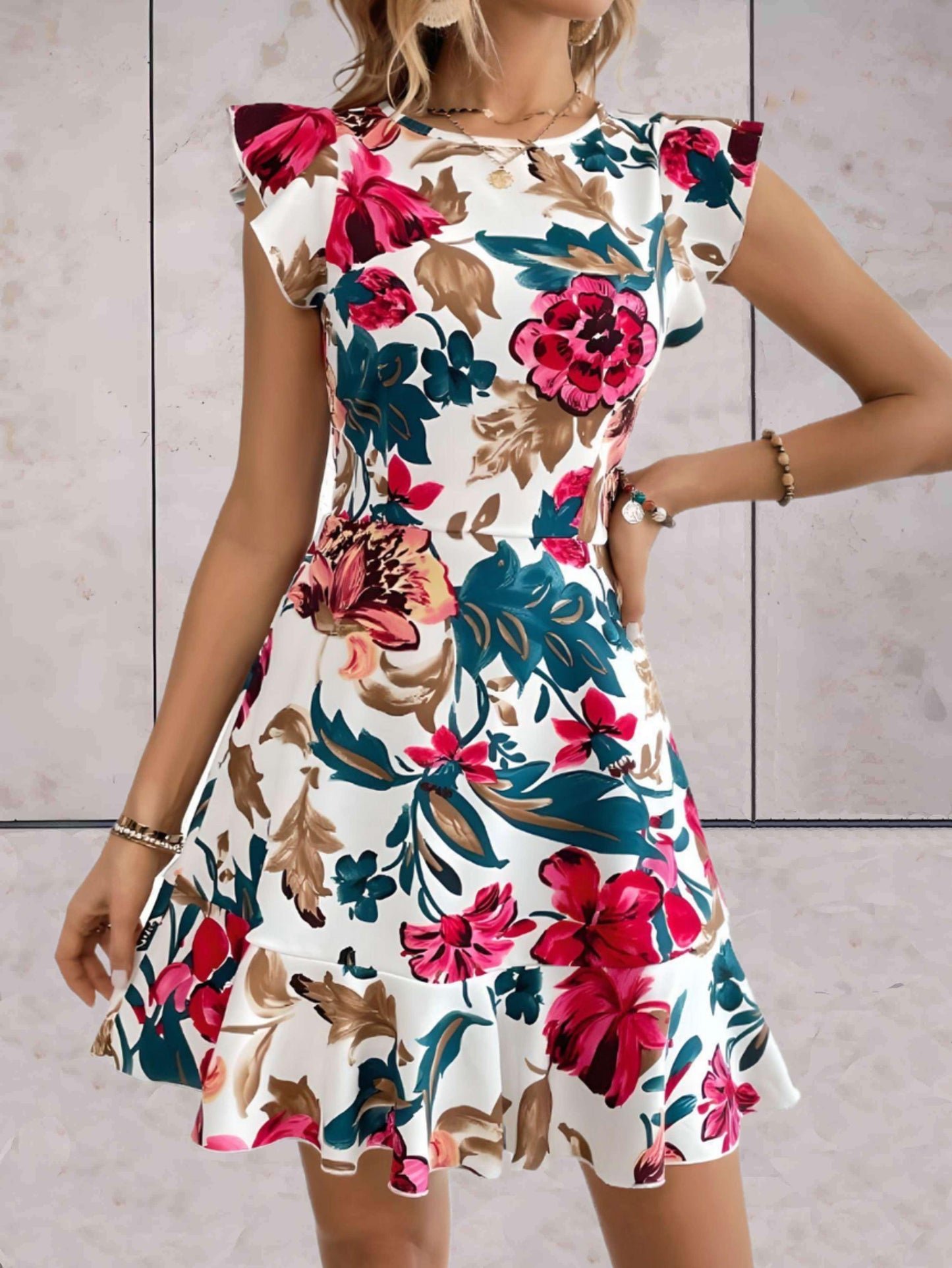 Ramona - stijlvolle gebloemde jurk met korte mouwen en ruches aan de mouwen en onderkant