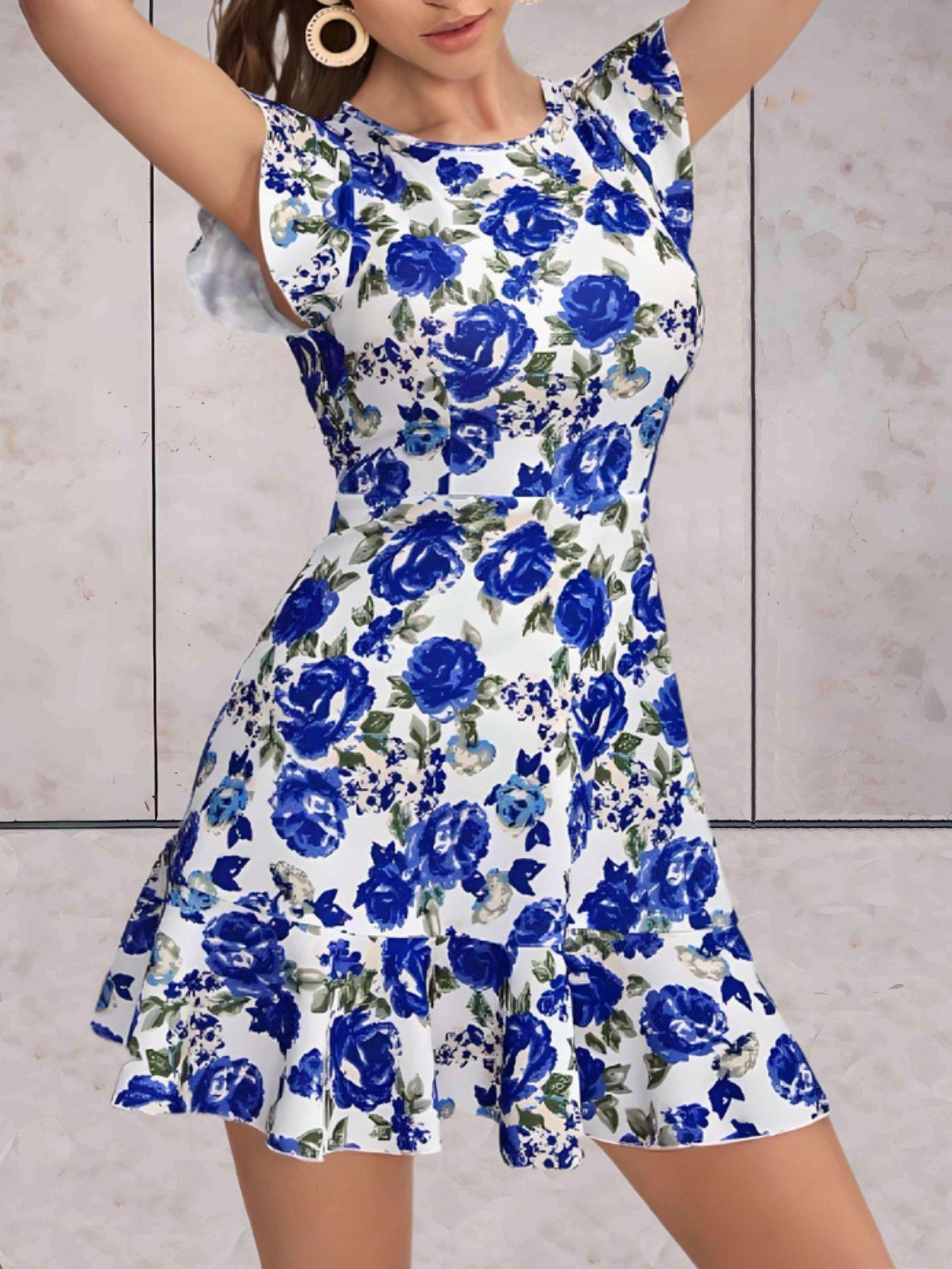 Ramona - stijlvolle gebloemde jurk met korte mouwen en ruches aan de mouwen en onderkant